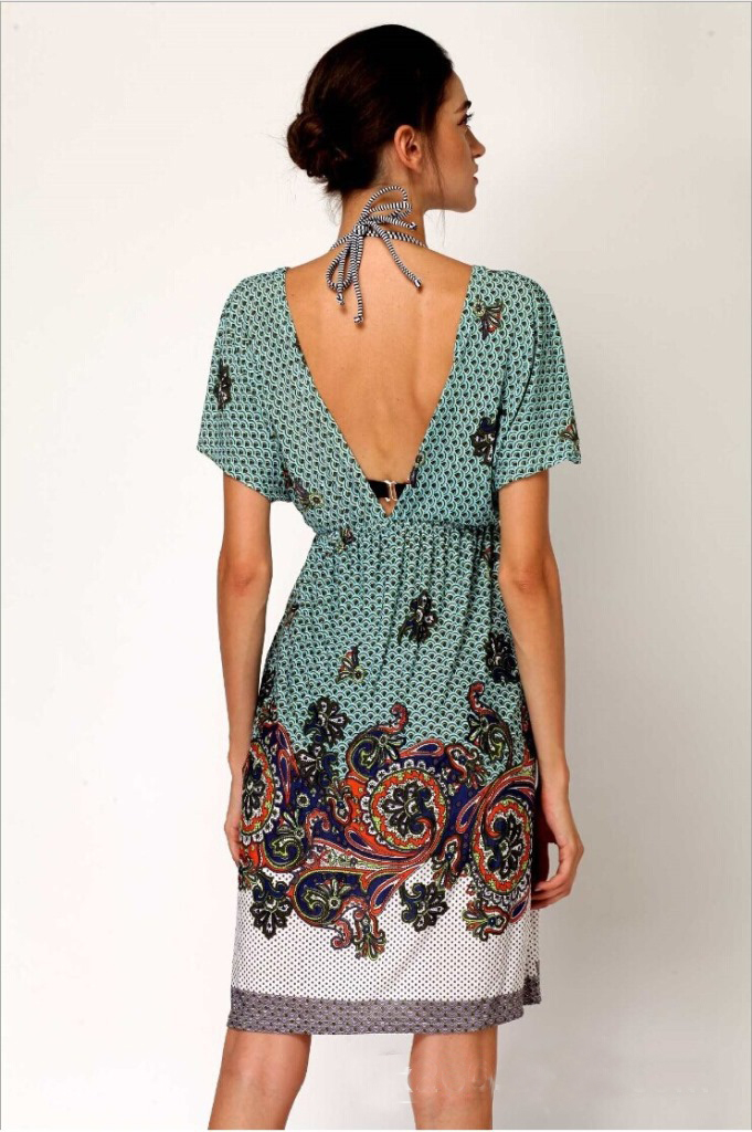 F4389Fashion Print V-Neck  Beachwear Dress For Women